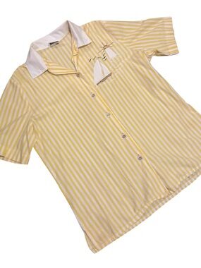 Vintage Women’s Yellow & White Striped Button-Up Top with Sailboat Detail Medium